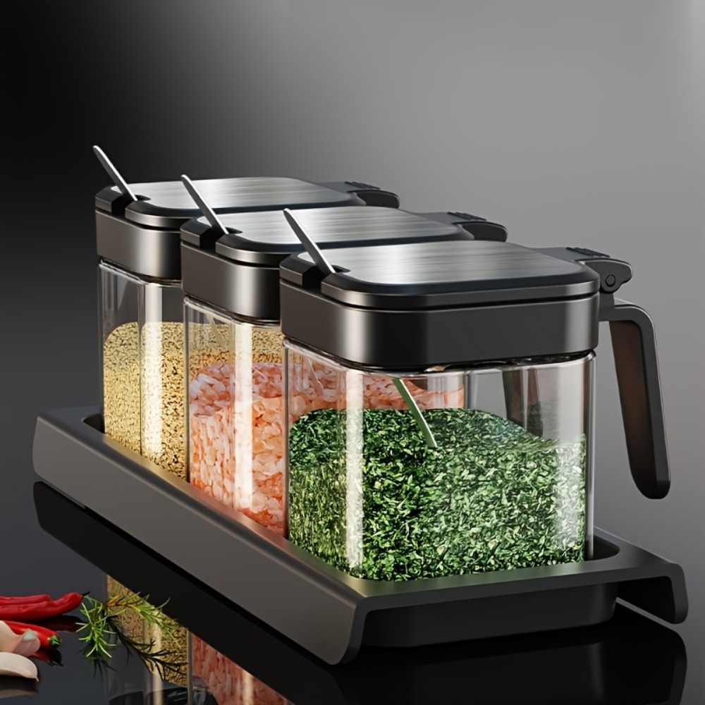 3pcs Glass Spice Jars with Spo - Korean Kitchen Gadgets ulasan dan harga